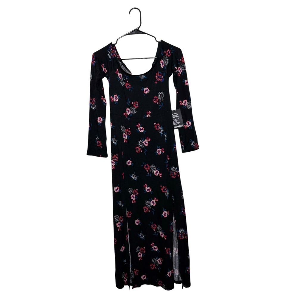 Express Whimsigoth Floral Black Midi Dress Scoop Neck Double Slit Women's XS NWT